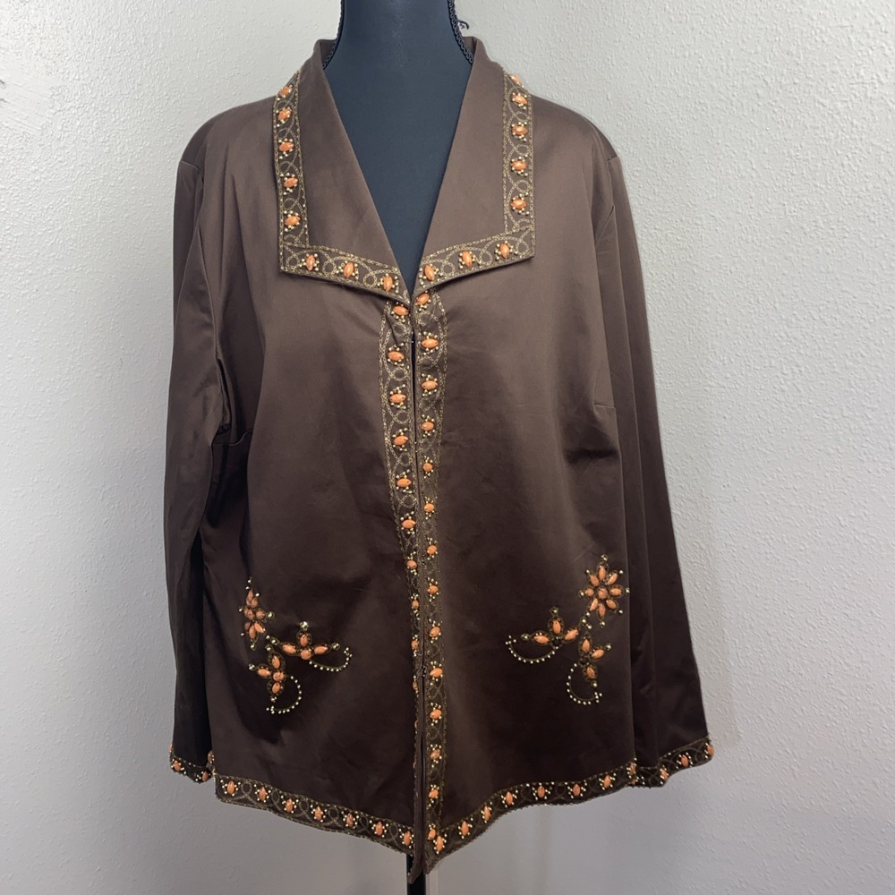 Victor Costa Blazer Women's 1X Brown Floral Orange Bead Embellishments lined